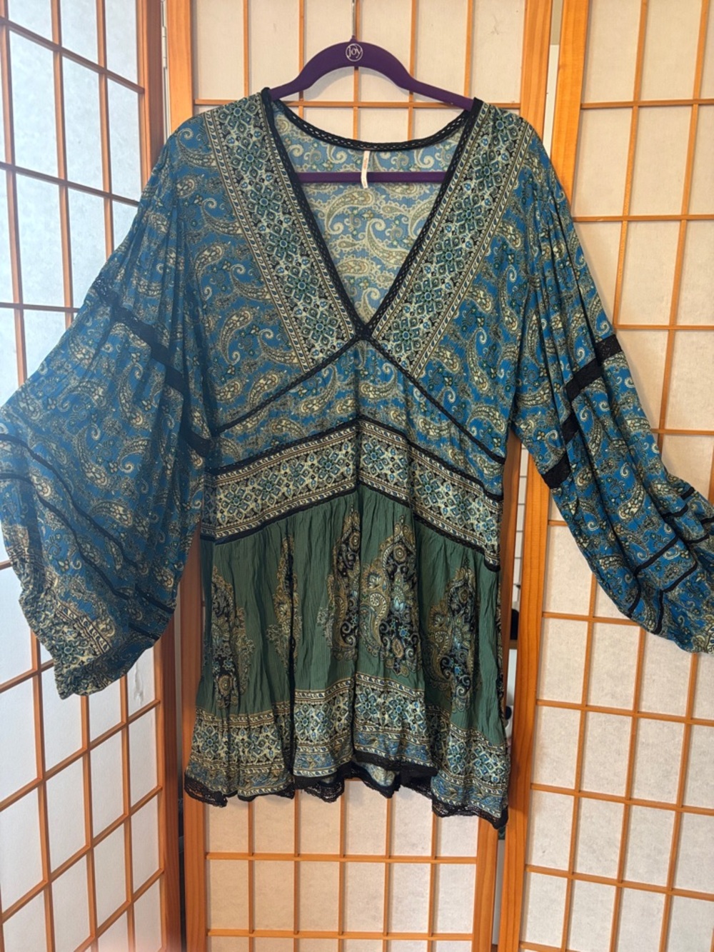 Free People Boho V-Neck Paisley Tunic in blue and Olive
